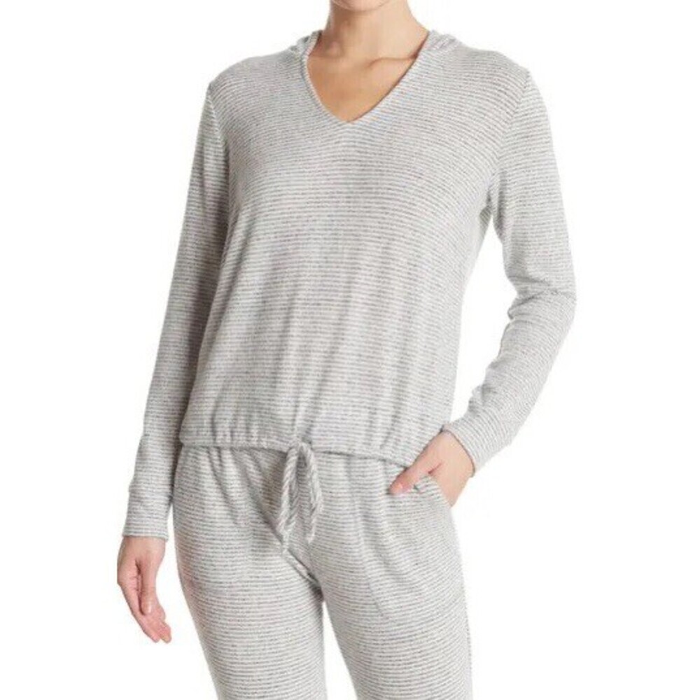 GIBSONLOOK Woman's Soft Hoodie Pullover With Drawstring In Grey Stripe Size M